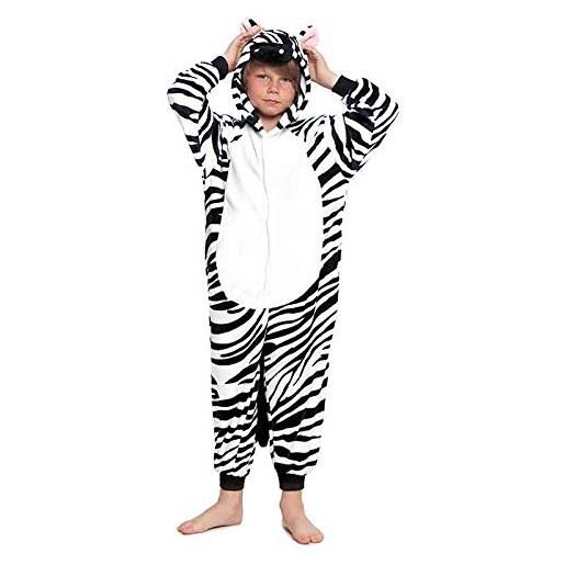 Partilandia pigiama intero per bambine e bambini, unisex, taglie da 3 a 12 anni, costume zebrato, tuta per carnevale e feste (taglia 5 a 6 anni)