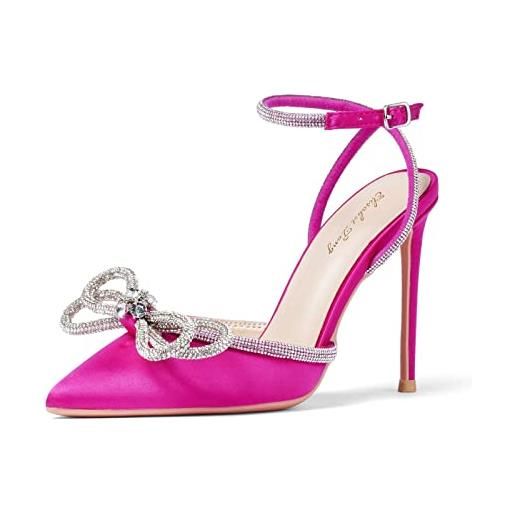 Zhabtuc scarpe col tacco donna tacchi alti con fiocco di strass eleganti tacco a spillo alto cinturino alla caviglia sandali a punta con tacco a spillo seta rosa scarpe con tacco raso per feste 42eu