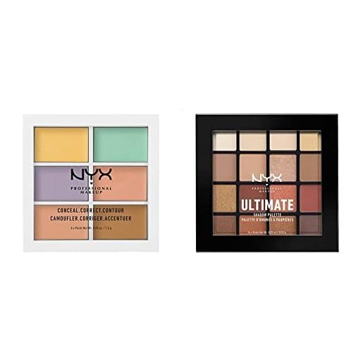 Nyx professional makeup palette colour correcting, palette 6 correttori per correggere le imperfezioni, tonalità cremose, confezione da 1 & palette ombretti ultimate shadow, 16 tonalità