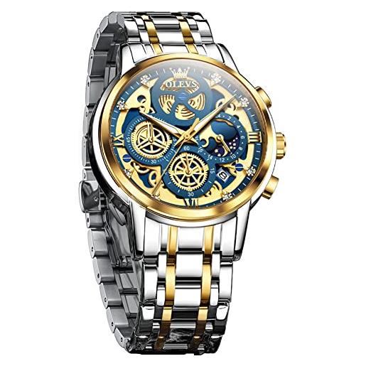 OLEVS orologi da uomo in acciaio inox, con cronografo al quarzo giapponese, con viso luminoso, impermeabile, alla moda, casual, da affari, blu/bicolore, bracciale