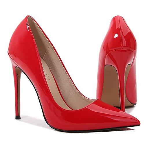 WOkismD décolleté da donna in vernice sexy a punta con tacchi alti a spillo slip on abito da festa nuziale scarpe da ballo 12 cm, rosso, 38 cm