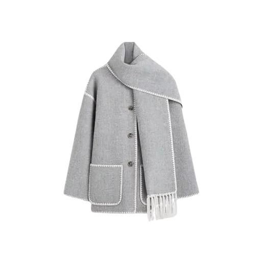 SOUTH AREA - cappotto in lana da donna con sciarpa ricamata - elegante, caldo e versatile, ideale per l'inverno, stile oversize con tasche, beige, m