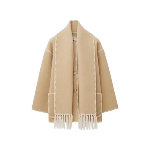 SOUTH AREA - cappotto in lana da donna con sciarpa ricamata - elegante, caldo e versatile, ideale per l'inverno, stile oversize con tasche, nero, s