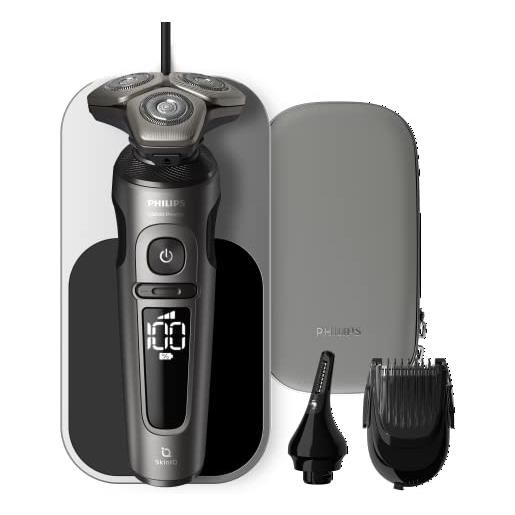 Philips rasoio elettrico serie 9000 prestige, secco e umido, cromo brillante, rasatura lift & cut, tecnologia skiniq, base di ricarica qi, regolabarba, rifinitore per il naso (modello sp9871/22)