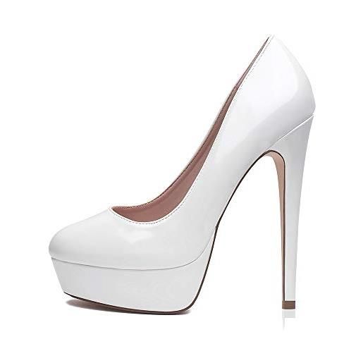 Zhabtuc scarpe col tacco donna decolletè plateau sexy stiletto tacchi a spillo piattaforma 14cm punta tonda elegante tacchi alti in vernice bianco, 40.5 eu