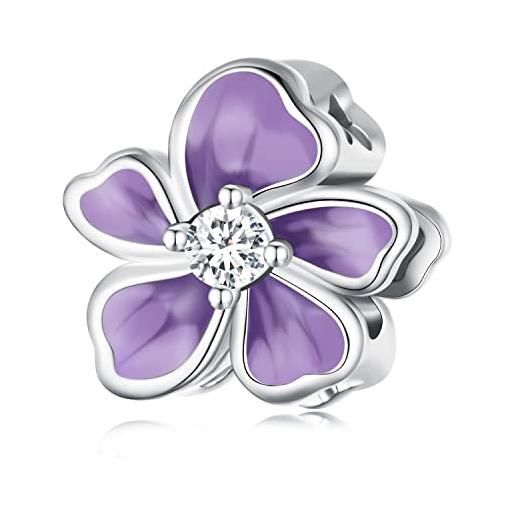 Teleye charm in argento sterling 925 con ciondolo a forma di fiore viola adatto per collana con bracciale pandora