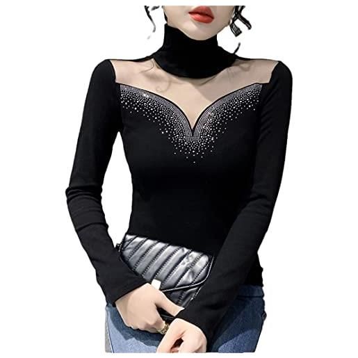 Pohullan top sexy a maniche lunghe sottili con strass neri della camicia nera del collo alto delle donne della primavera