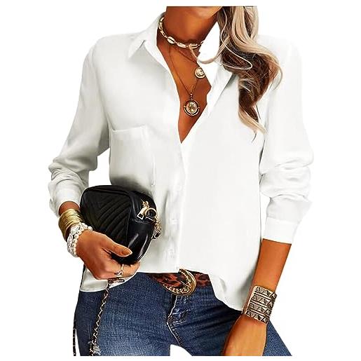 FAWHEWX camicia abbottonata da donna con taschino a maniche lunghe camicia da ufficio da lavoro top estivo slim casual tinta unita camicia a tunica allentata polo top(un bianco/s)