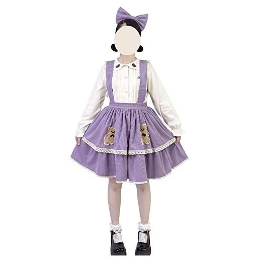 HIMI HIMIFASHION ragazze adolescenti carino bretella gonna kawaii orso patch elastico vita alta generale vestito velluto svasato gonna corta, viola, taglia unica