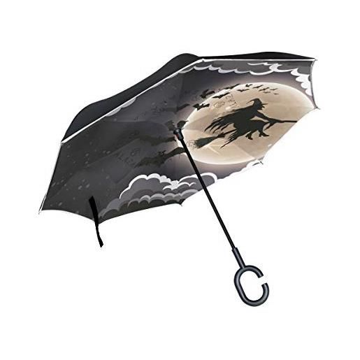 Mnsruu ombrelli reverse/inverti halloween strega volante doppio strato grande ombrello dritto protezione uv antivento viaggio ombrello con manico a forma di c