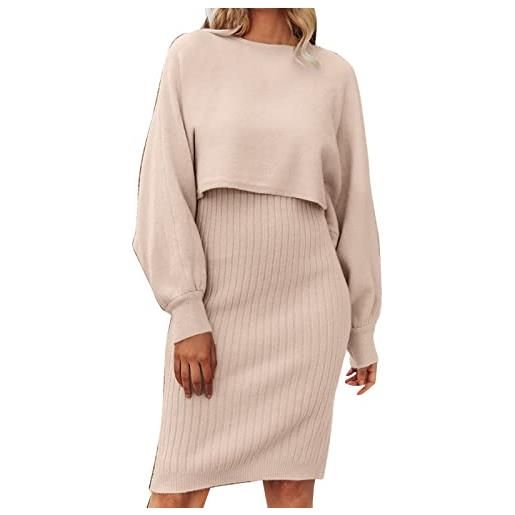 Generic abito da donna a maniche lunghe, stile lazy, alla moda, in due pezzi, di media lunghezza, in lana, colore: rosa. , einheitsgröße