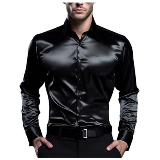 crazynekos camicia da uomo in raso lucido a maniche lunghe con bottoni in seta autunno, nero , m