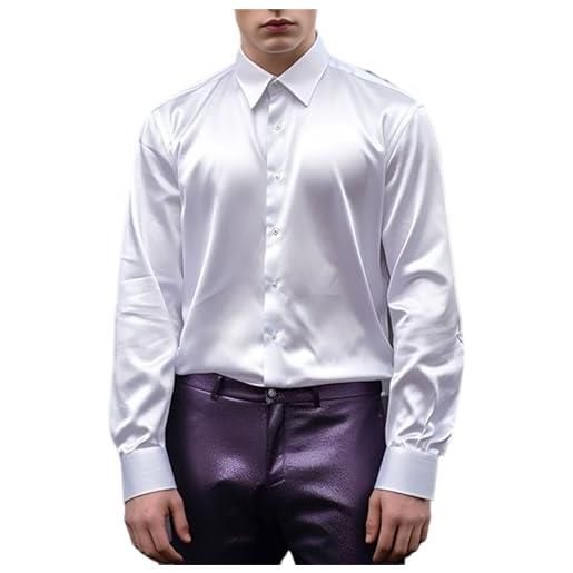 crazynekos camicia da uomo in raso lucido a maniche lunghe con bottoni in seta autunno, bianco, l