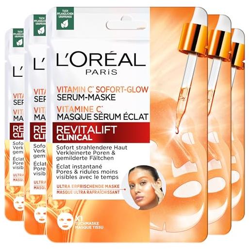 L'Oréal Paris revitalift clinical maschera siero eclat vitamina c, confezione da 5 maschere