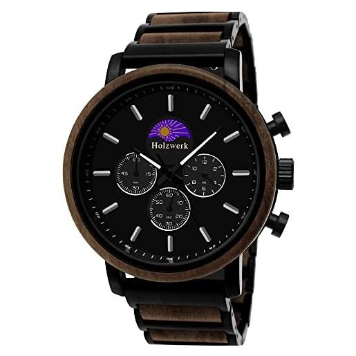 Holzwerk Germany orologio da uomo, realizzato a mano, con cronografo in legno, analogico, al quarzo, marrone, nero, blu, con fase lunare, nero. . , bracciale