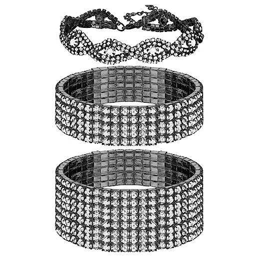 JeryWe 3 pcs strass braccialetto stretch per le donne sposa shinning wedding strand tennis bracelet set gioielli di cristallo impilabili nero
