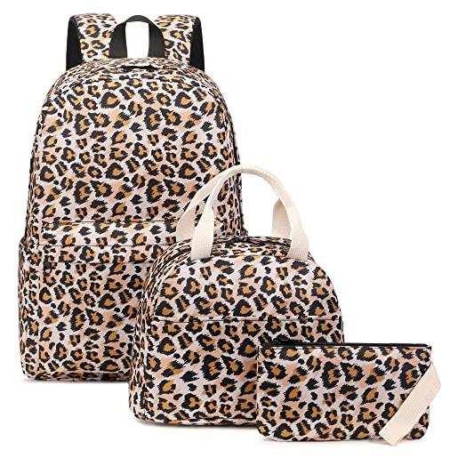 Kouxunt zaino scuola elementare bambina, zaini scuola media ragazze school bag con borsa termica e astuccio (leopardo)