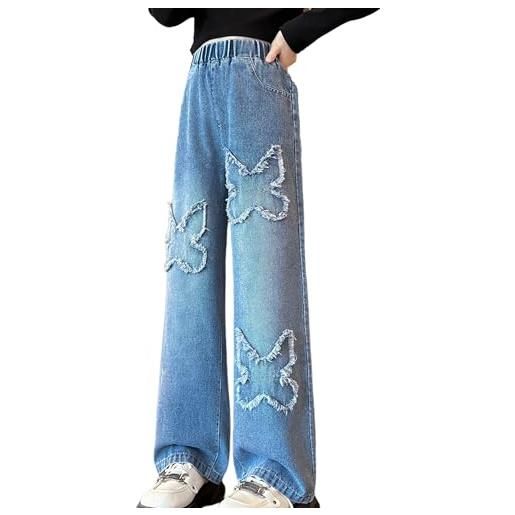 Panegy jeans larghi per ragazze con tasche pantaloni in denim a quadri vintage moda streetwear lavato elastico in vita blu 11-12 anni