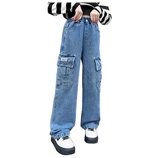 Panegy ragazze jeans gamba larga strappati pantaloni lavati con tasche allentati moda cargo jeans pantaloni baggy vita elastica casual denim pants blu 11-12 anni