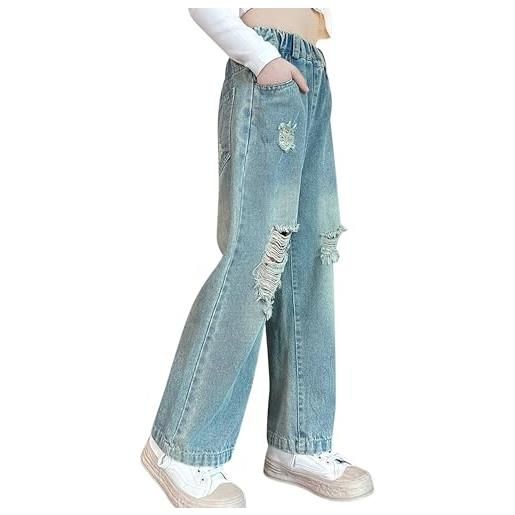 Panegy ragazze jeans con stampa a stelle a cinque punte pantaloni denim larghi a gamba larga e dritti baggy vita alta elastica jeans vintage stile retrò lavato pantaloni con tasche blu età 11-12 anni