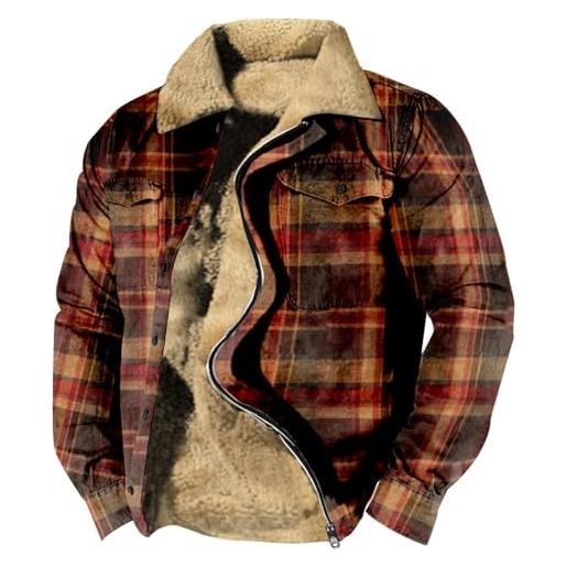 Yowablo giacca da uomo a camicia scozzese in lana foderata calda giacca invernale spessa e pesante. Giacca classica con cerniera con risvolto giubbotto invernale in pelle (orange, xl)