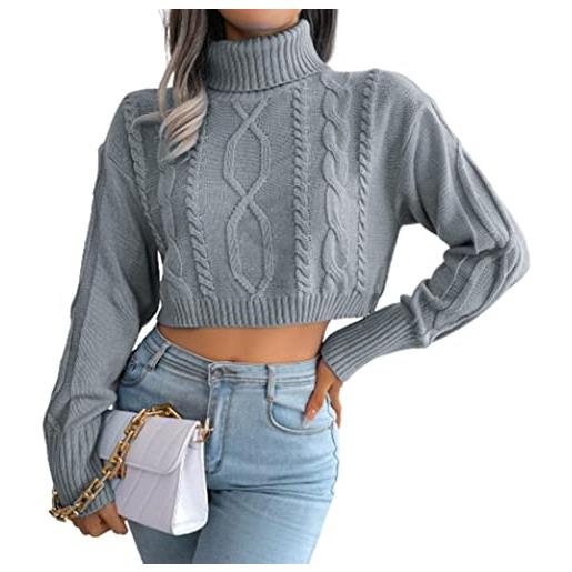 XIAOCILAO maglione dolcevita da donna trendy intrecciato manica lunga cropped maglia pullover, grigio, s