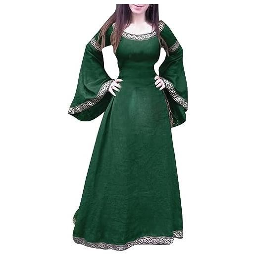 Yeooa moda donna vintage scollo rotondo manica lunga svasata abiti lunghi a vita alta festa medievale abiti da ballo halloween abito fantasia (verde, s)