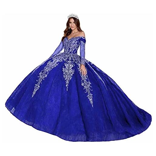TSxuelian principessa a maniche lunghe in pizzo applique dolce 16 abiti quinceanera fuori spalla perline abito da ballo abito, blu reale, 40