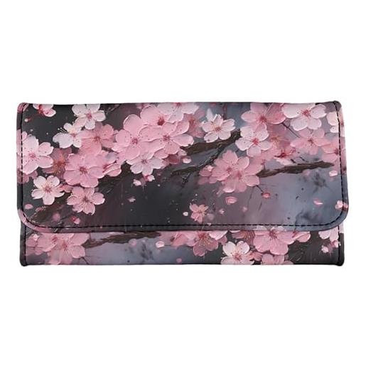 Kuiaobaty portafoglio lungo a tre ante per donne, gatti, cani, panda, porcellini d'india, stampa con cerniera, tasca portamonete, elegante maniglia per feste, fiori di ciliegio rosa. , casual