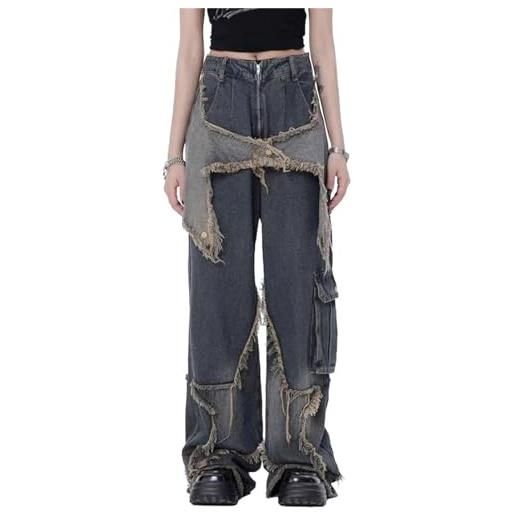 AHSBND y2k streetwear jeans cargo con tasche stampa stelle pantaloni dritti gotici a vita bassa pantaloni larghi in denim vintage (color: blue, size: s)