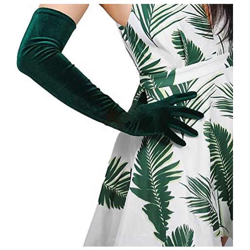 DooWay guanti da donna super lunghi in velluto elasticizzati, stile vintage, ideali per feste, colore verde scuro, 60 cm