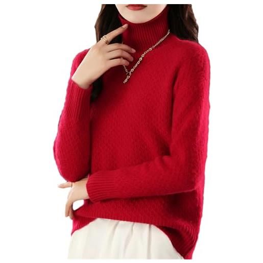 Pulcykp maglione a collo alto in lana merino, da donna, ampio, a collo alto, in cashmere, pullover morbido, rosso, l