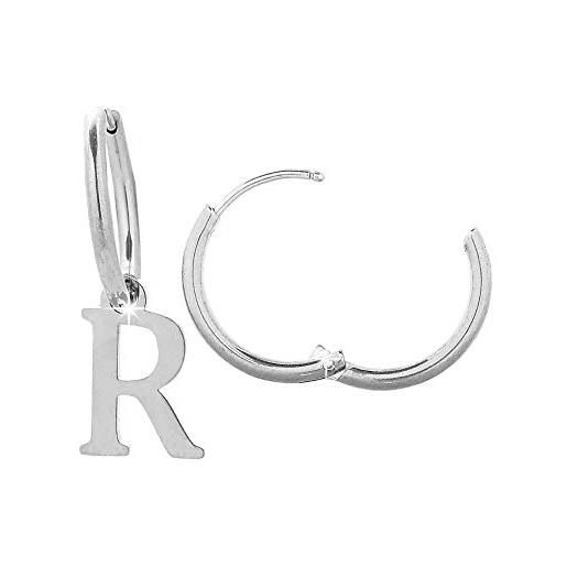 Beloved orecchini da donna a cerchio in acciaio - uno con iniziale e uno a cerchietto semplice - per lobi forati - chiusura a scatto (silver lettera r)