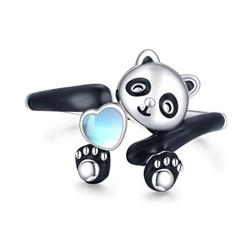 CHENGHONG anello con pietra di luna, in argento sterling 925, regolabile, panda regalo per donne, ragazze, amanti del panda, argento sterling