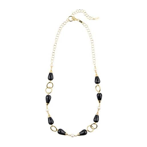 ECLETTIKA, collana in argento 925 - placcata oro con perle e pietre naturali - perla bianca di fiume - agata nera