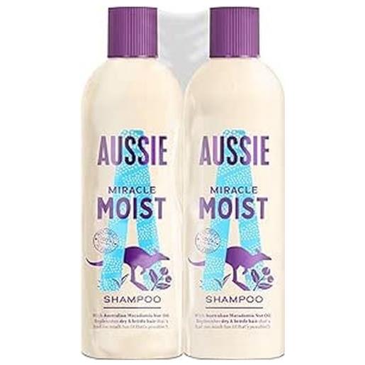 Aussie miracle moist shampoo idratante per capelli secchi e danneggiati, 2x300 ml