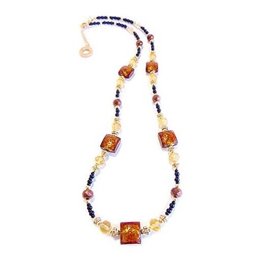 VENEZIA CLASSICA - collana da donna lunga con perle in vetro di murano originale, collezione lily, ambra e nero con foglia in oro 24kt, made in italy certificato