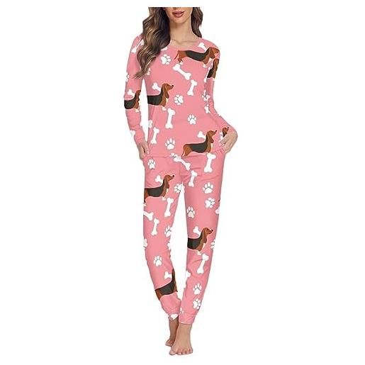 Dolyues set pigiama da donna, top e pantaloni sottili, pigiama da 2 pezzi per donne adolescenti, abbigliamento da notte lungo, bassotto zampa-rosa, m