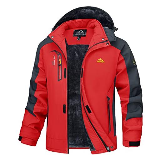 Alloaone men's thicken fleece parkas warm waterproof hiking hooded coat windproof multi-pockets jacket red l