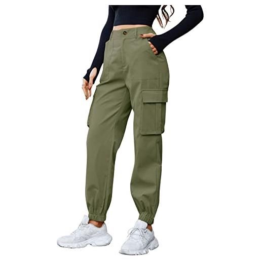 GORGLITTER pantaloni cargo da donna classici, pantaloni cargo dritti a vita alta, capri lunghi, con tasche, verde militare, s