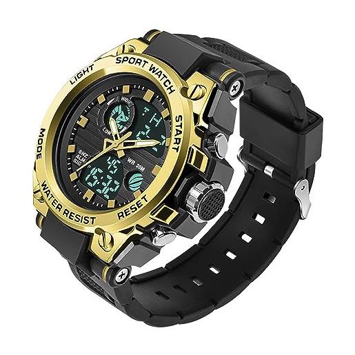 Tevimpeya orologio sportivo digitale per studenti e uomini, doppio display, orologio da polso sportivo con data e sveglia, blu, oro, m