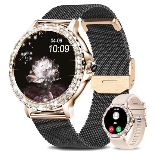 Fitonus smartwatch donna chiamate bluetooth, 1,3'' hd schermo orologio smartwatch con notifiche messaggi, 110+ sport, spo2 sonno cardiofrequenzimetro, orologi sportivo ip68 per android ios, oro nero