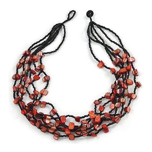 Avalaya collana multifilo con conchiglie arancioni e perle di vetro nere, lunghezza 48 cm, vetro vetro conchiglia di mare