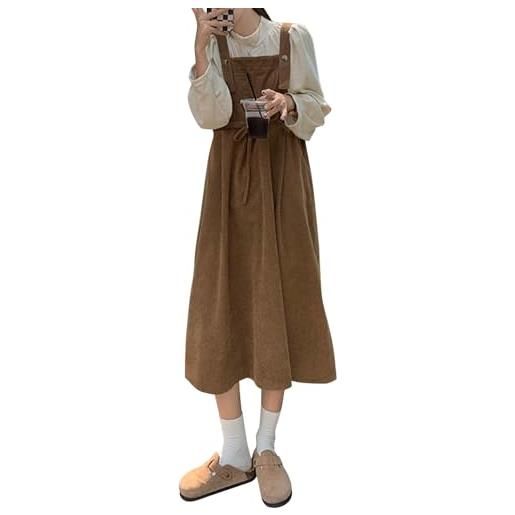 Petalum abito salopette da donna in velluto a costine di grandi dimensioni, maxi casual, gonna a tuta, lunga senza maniche, stile vintage classico, casual, con tasca per autunno inverno, cachi. , m