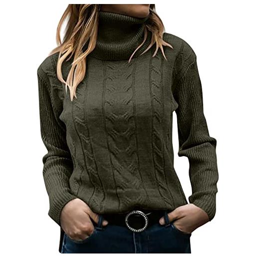 ADXFWORU maglione da donna a collo alto, elegante, a maniche lunghe, casual, morbido, verde militare-2, s
