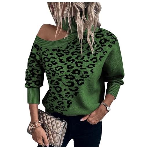 Ejoyous maglione con stampa leopardata con collo alto, maniche lunghe con spalle scoperte per donna, top in maglia pullover ritagliato a righe a maniche lunghe (s)
