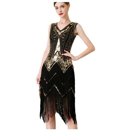 Generisch abito da donna anni '20 con paillette, stile vintage, con scollo a v, con frange, stile gatsby, nero/rosso, s