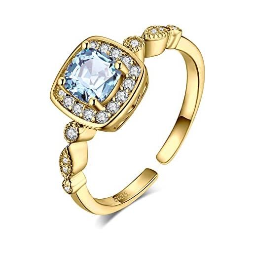 JewelryPalace anelli donna regolabili argento sterling 925, halo anello topazio azzurro taglio cuscino, semplice fedine aperto oro anniversario, anelli con pietre blu naturali, set gioielli donna