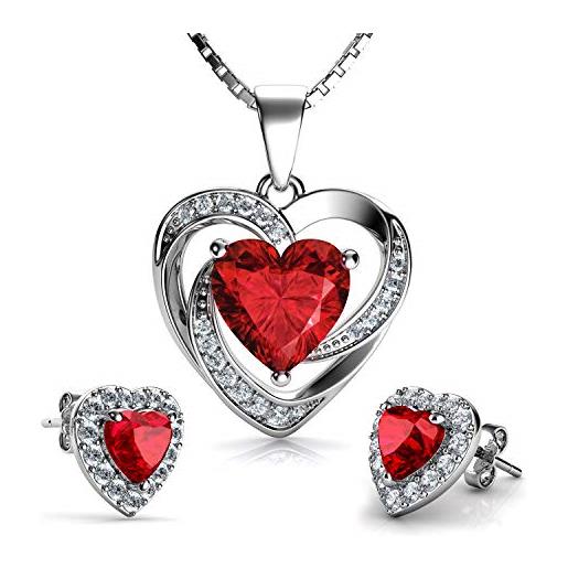 DEPHINI - set collana e orecchini a cuore rosso - argento sterling 925 - pietra portafortuna del siam chiaro impreziosita da orecchini di cristallo rosso cz - ciondolo donna