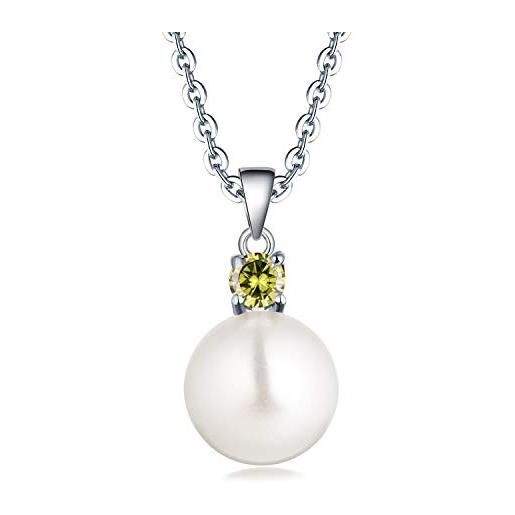 JO WISDOM collana di perla argento 925 donna, ciondolo con catena perla d'acqua dolce 10 mm zirconia cubica aaa august birthstone colore peridoto